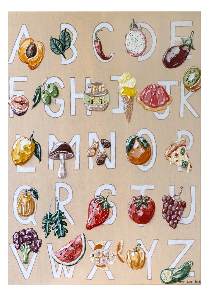 Alfabeto fine art print by marissa lico, Alphabet chart with food-themed letters on a beige background
