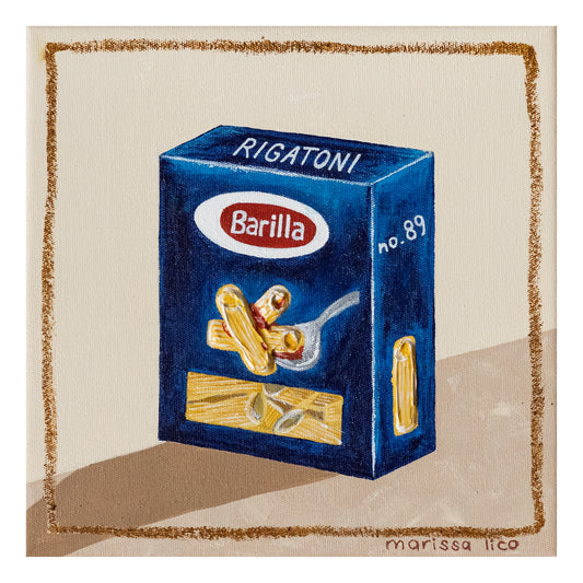 Barilla fine art print by marissa lico, Illustration of a Barilla Rigatoni pasta box on a beige background.