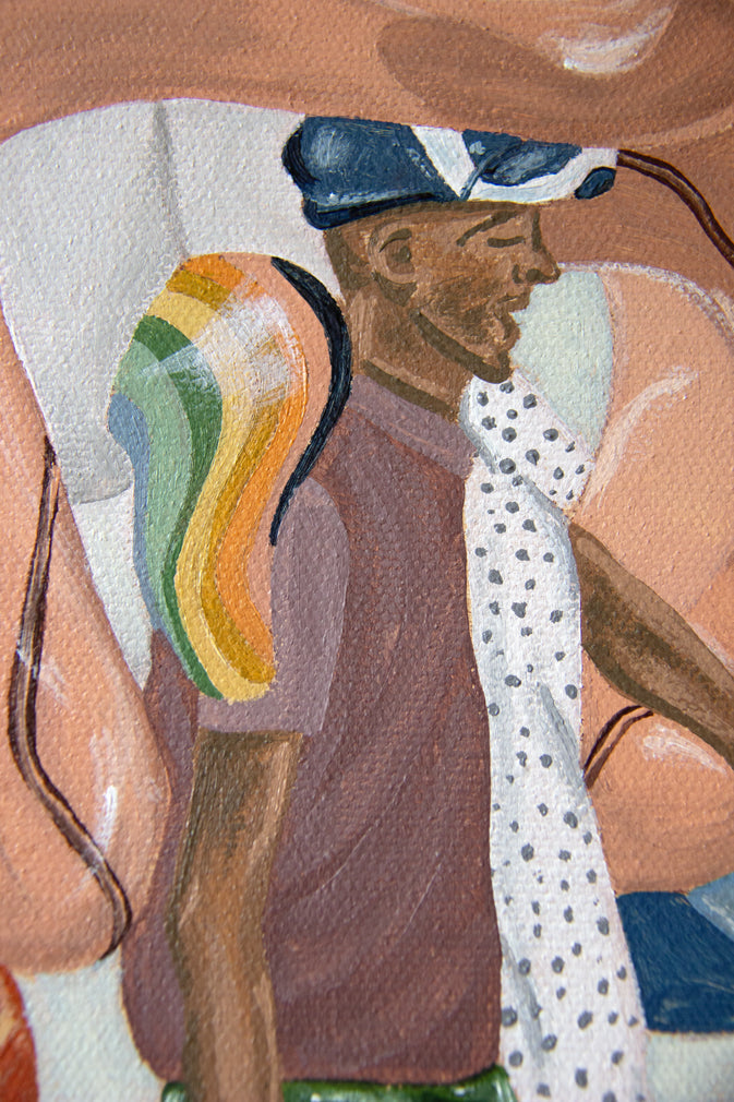 Beach Games original painting by Marissa Lico. Artistic depiction of a person on the beach in Cefalu Sicily with inflatable toys.