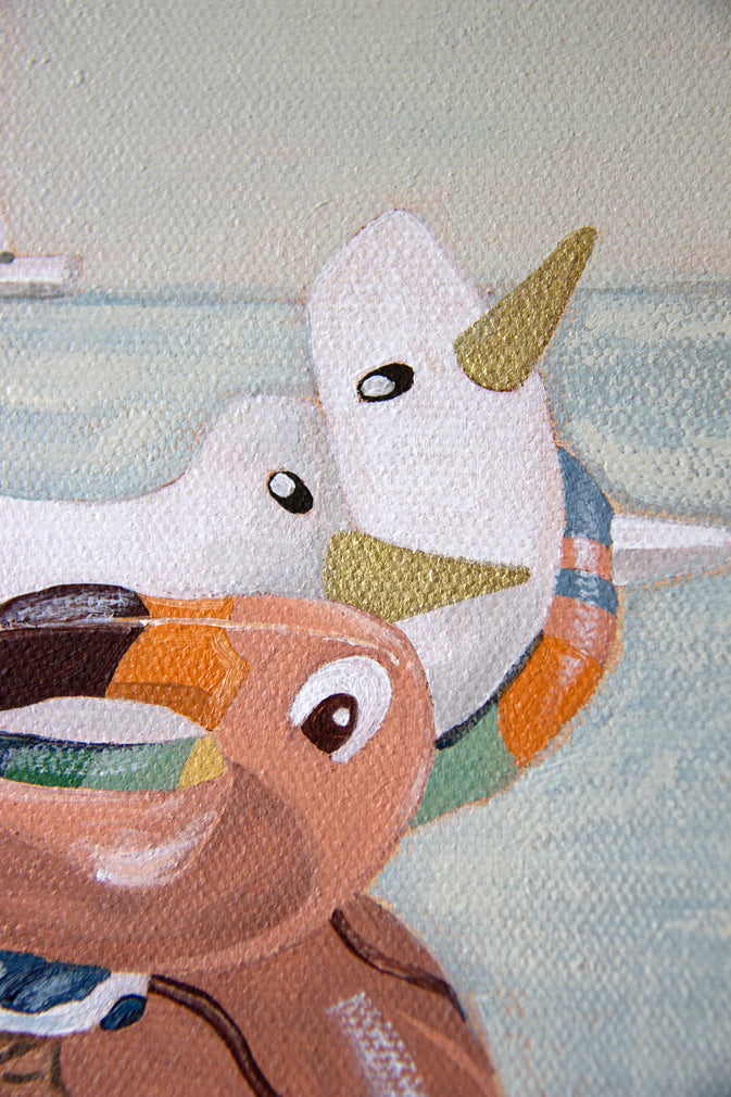 Beach Games Painting of inflatables on Cefalu beach Sicily by Marissa Lico