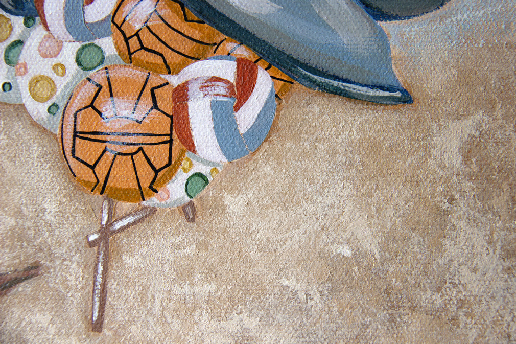 Beach Games original painting by Marissa Lico. Close-up of a beach toys with colourful patterns on a textured beige background