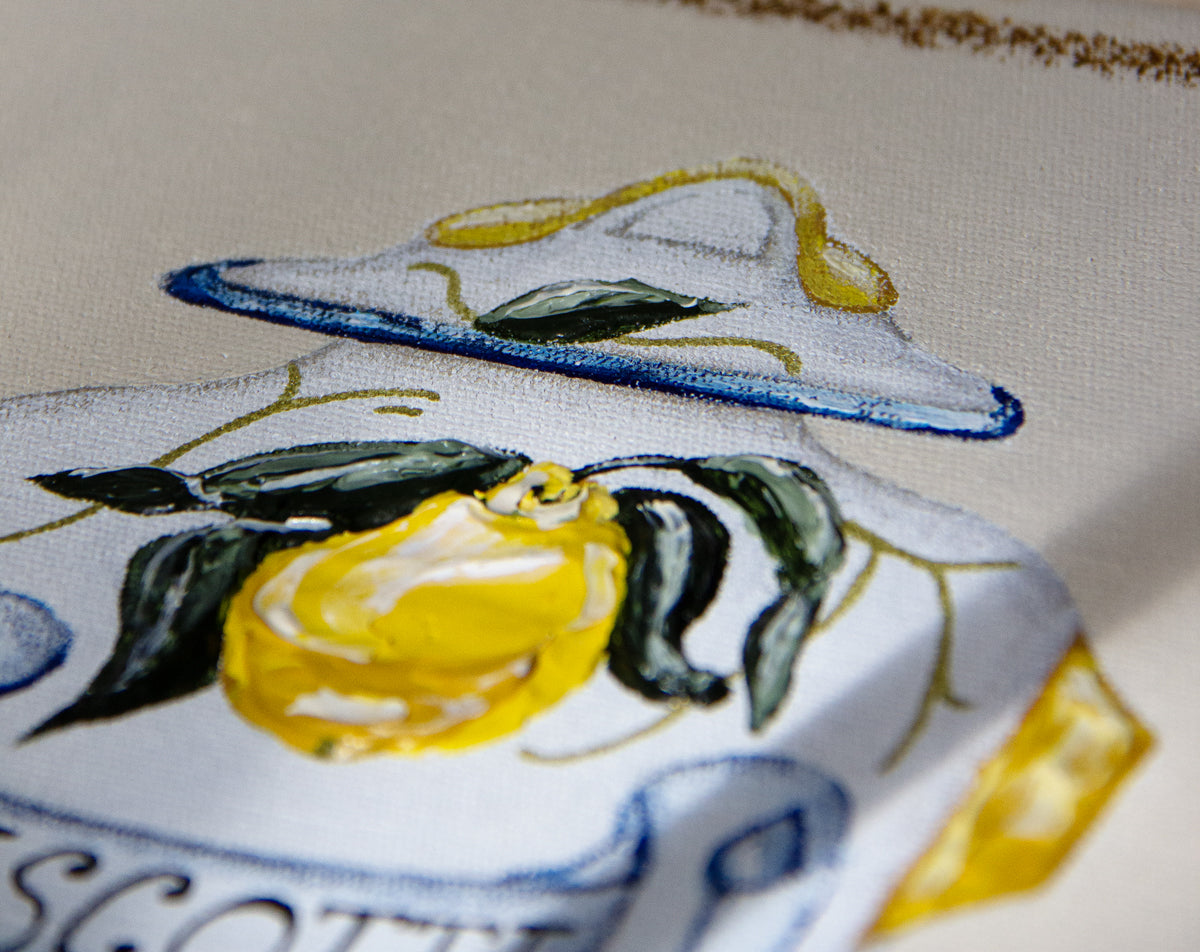 Biscotti fine art print by Marissa Lico. Ceramic biscuit pot with lemon design on a white background