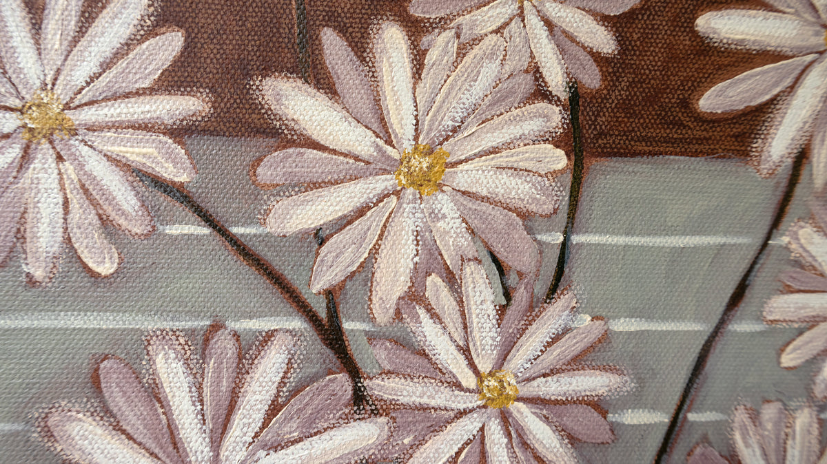 Breakfast with Margherita's fine art print by Marissa Lico. Close-up of painted daisies on tablecloth with a brown background