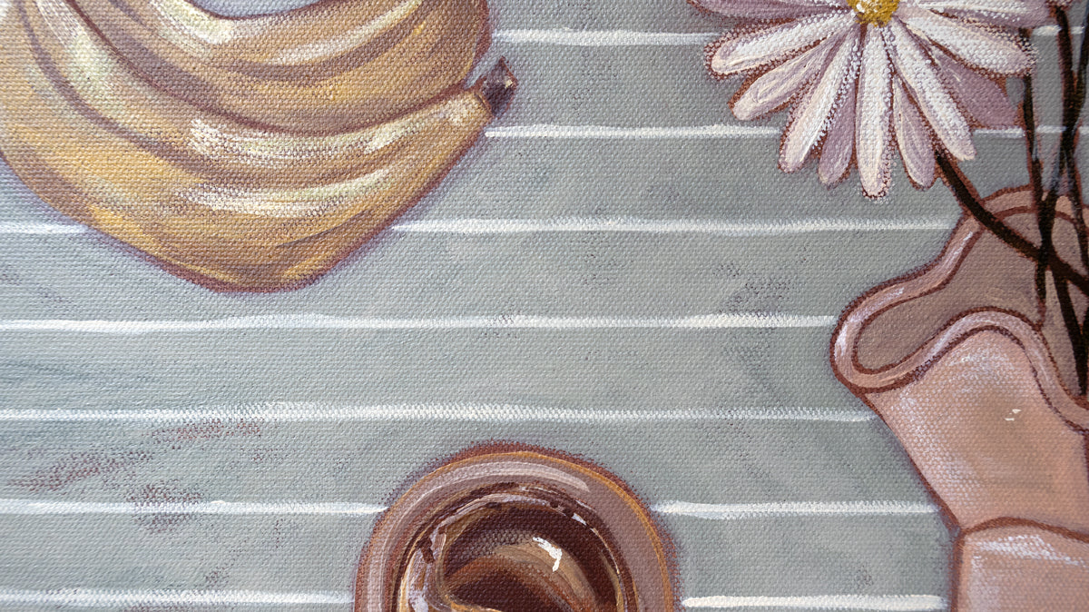 Breakfast with Margherita's fine art print by Marissa Lico. Espresso coffee with a flower on a striped surface