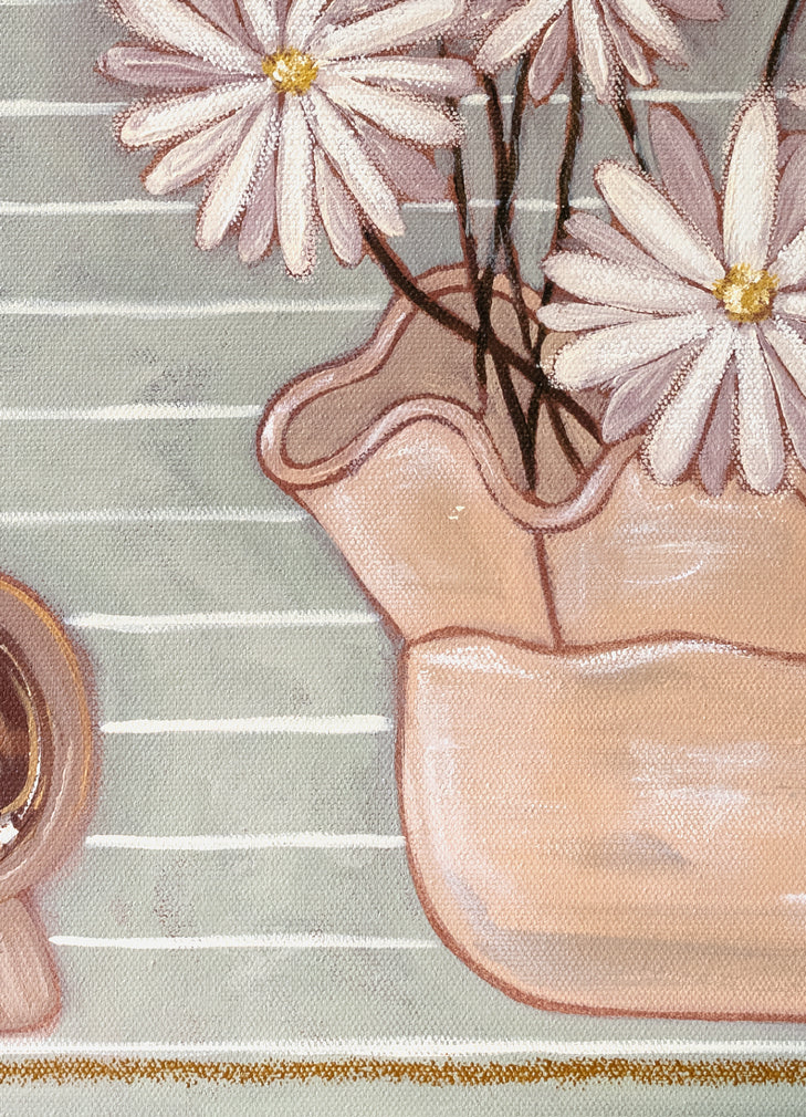 Breakfast with Margherita's fine art print by Marissa Lico. Decorative tablecloth with a vase and flowers on a striped background