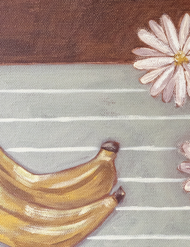 Breakfast with Margherita's fine art print by Marissa Lico. Bananas and a daisy on a striped background