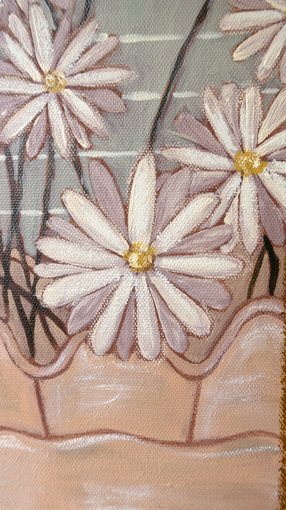 Breakfast with Margherita's fine art print by Marissa Lico. Close-up of painted flowers on fabric with a focus on daisies.