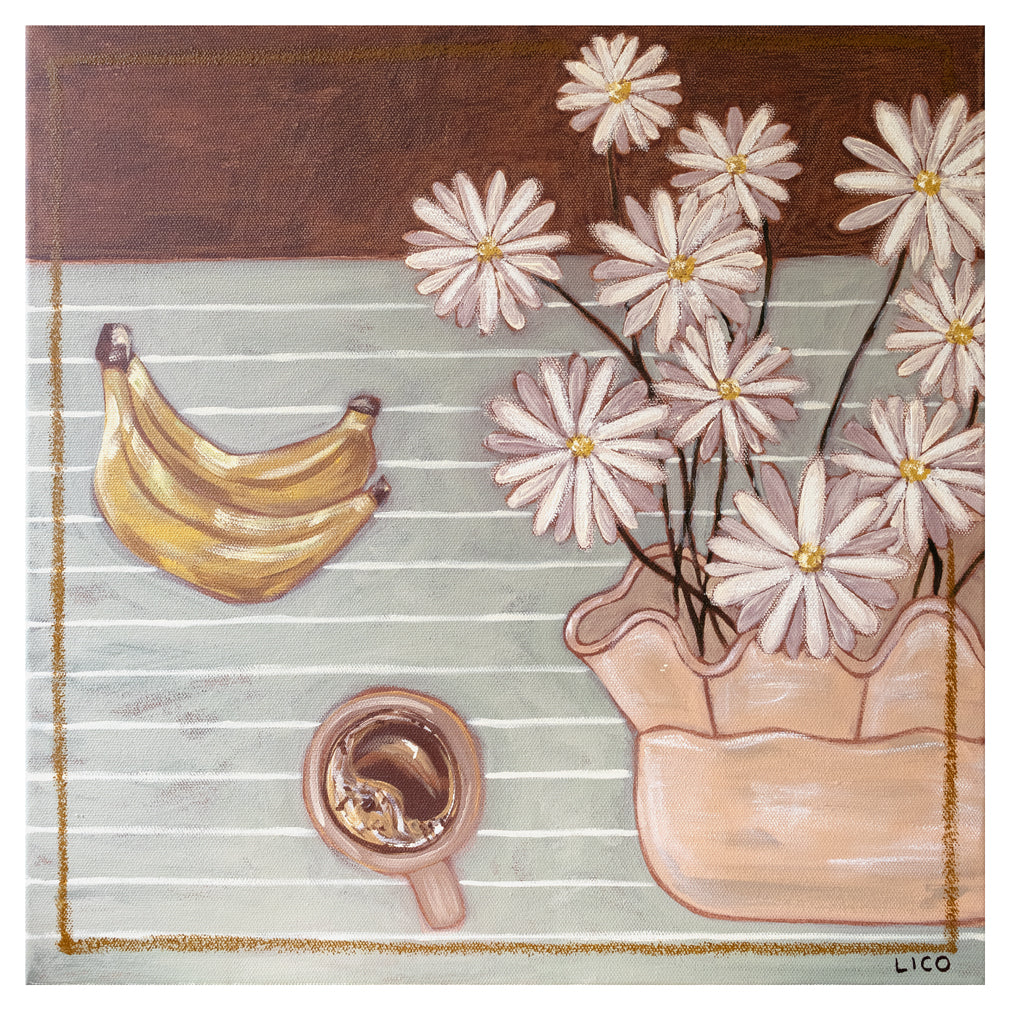 Breakfast with Margherita's fine art print by Marissa Lico. Painting of a vase with flowers, bananas, and a cup on a striped background