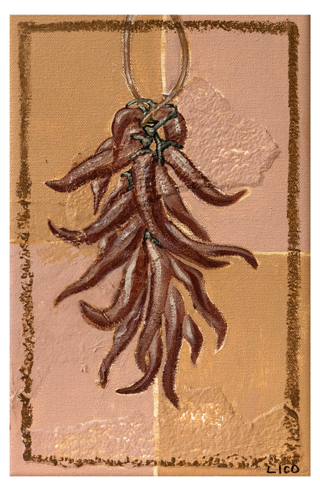 Chillies fine art print by Marissa Lico. Artistic depiction of dried chili peppers on a textured beige background by painter marissa lico