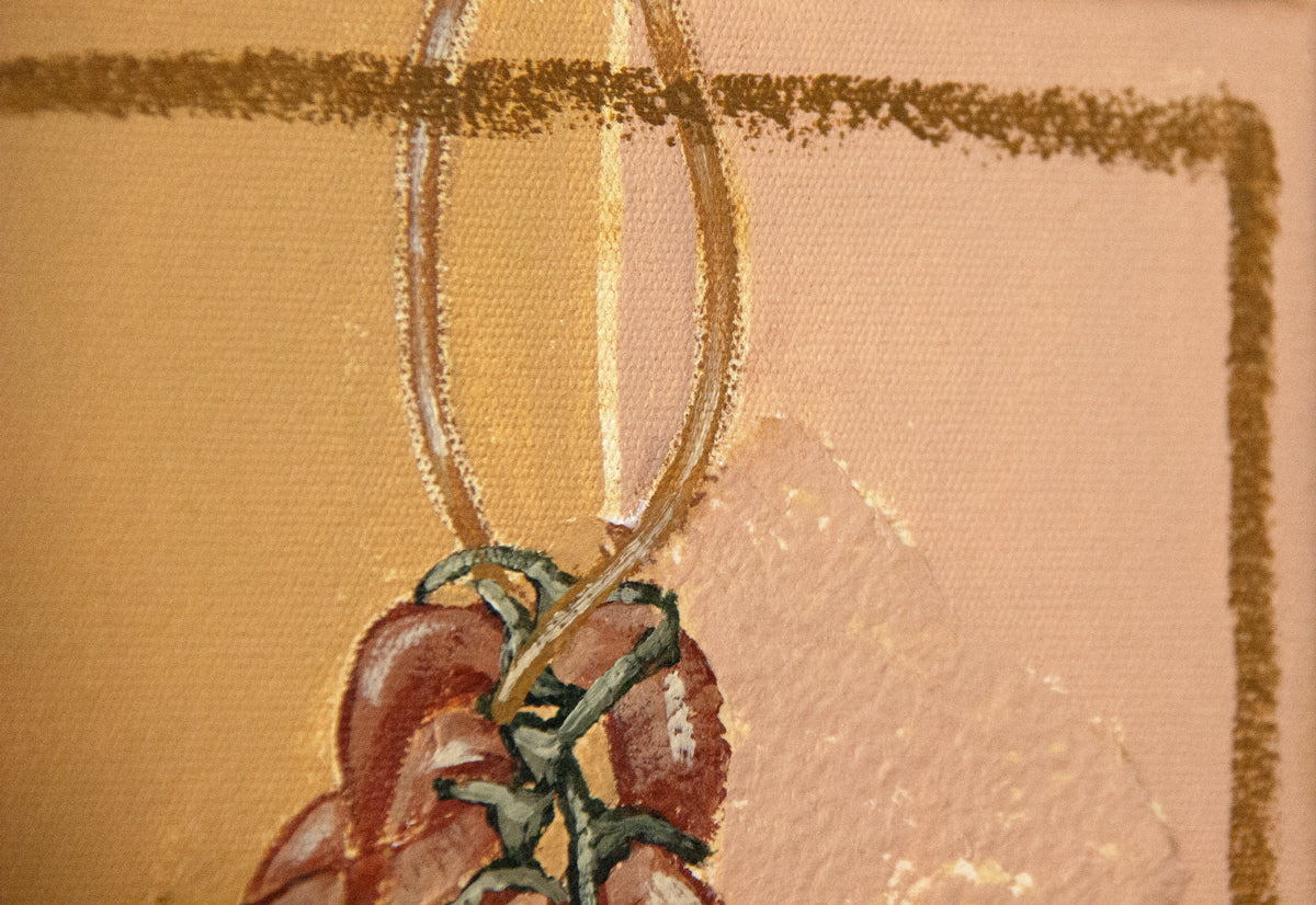Chillies fine art print by Marissa Lico. Close-up of a string with chillies on a textured beige background