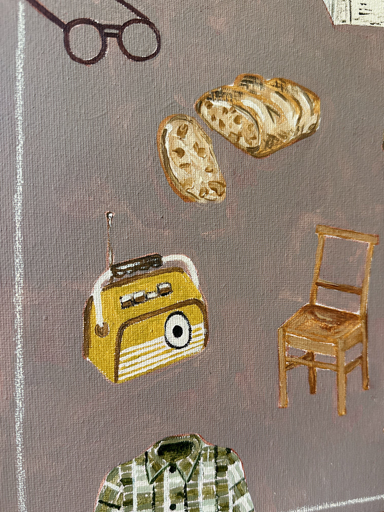 Ciao Nonno original framed painting of grandfather things by Marissa Lico. Illustrations of a radio, bread, glasses, chair, and shirt on a textured surface.