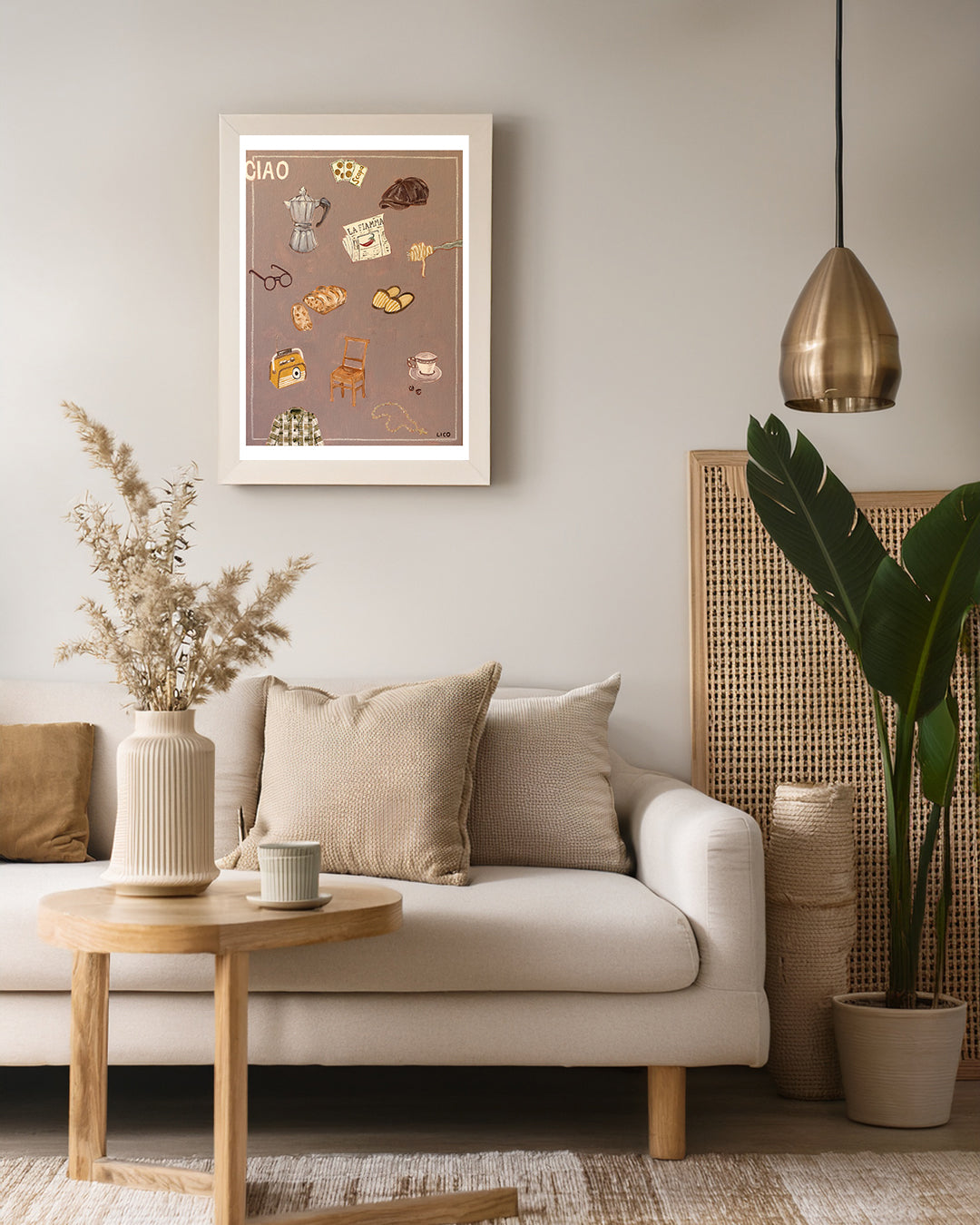 Ciao Nonno fine art print by Marissa Lico Cozy living room with a beige sofa, wooden coffee table, and decorative items.