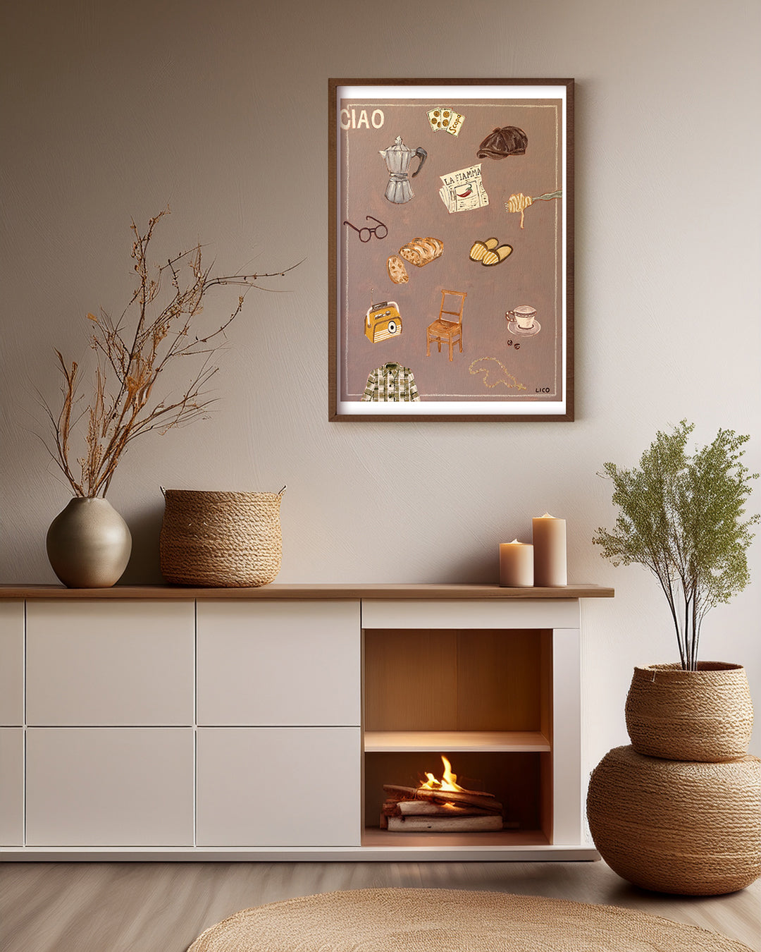 Ciao Nonno fine art print by Marissa Lico. Modern interior design with a fireplace, decorative items, and a framed print Marissa Lico on the wall.
