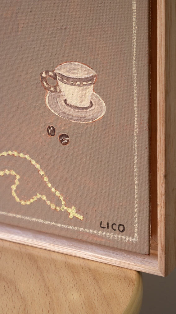 Ciao Nonno original framed painting of grandfather things by Marissa Lico. Artwork with an espresso cup painting and 'LICO' artist signing on a canvas surface.