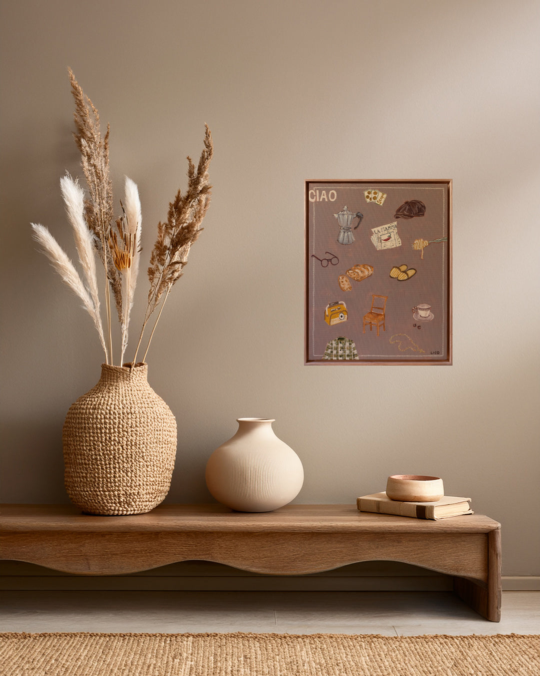 Ciao Nonno original framed painting of grandfather things by Marissa Lico. Vases and a framed print on a wooden shelf against a beige wall.