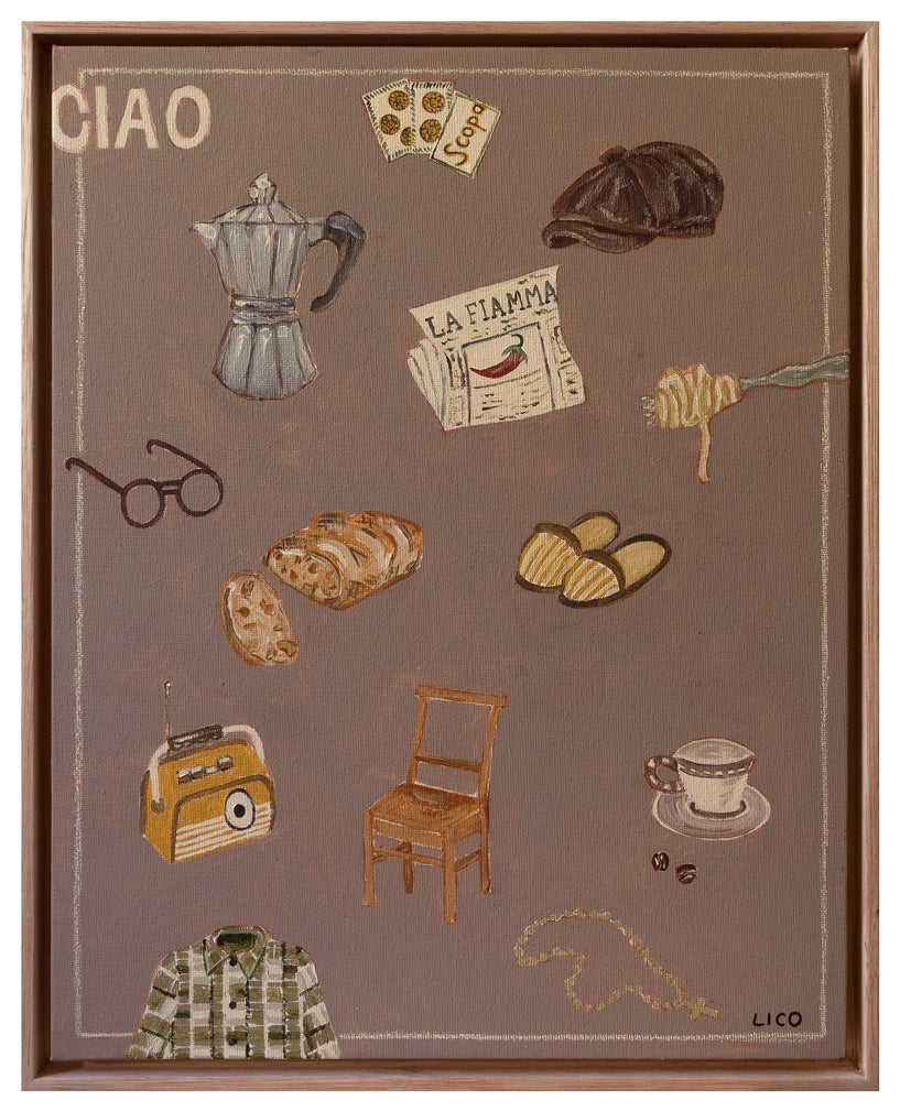 Ciao Nonno original framed painting of grandfather things by Marissa Lico. Illustrated objects on a brown background with 'CIAO' text.