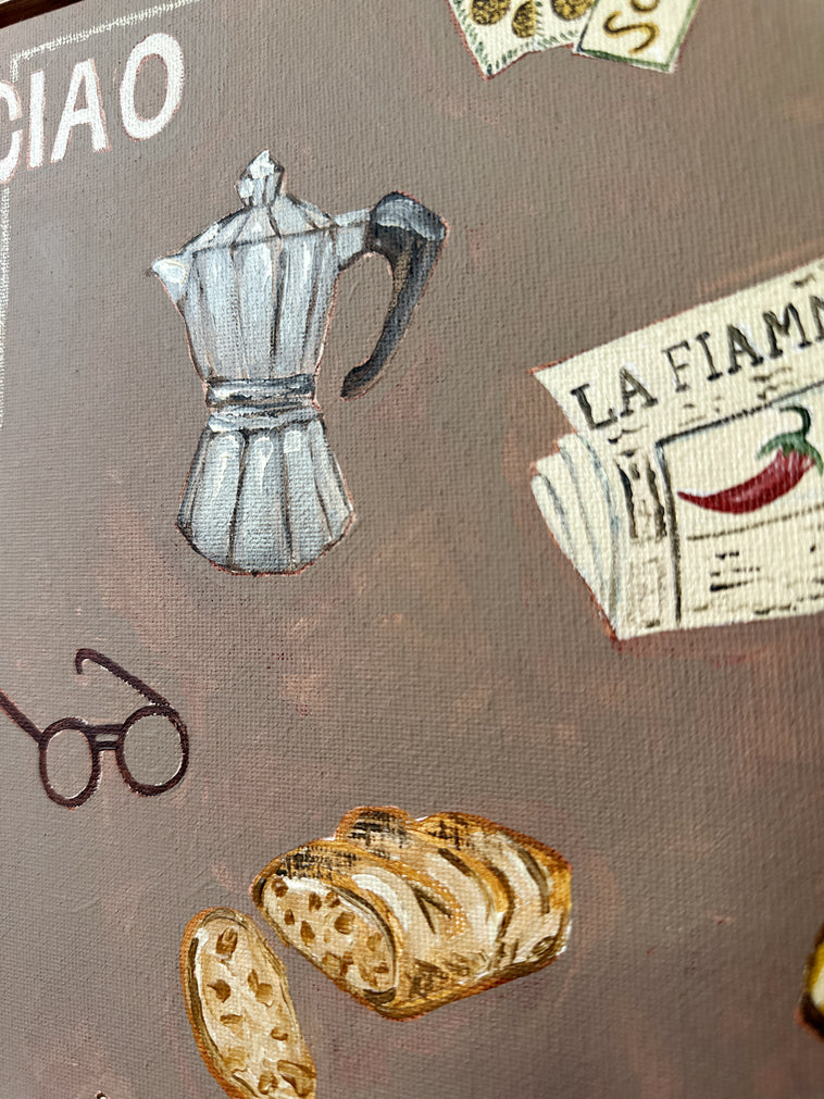 Ciao Nonno fine art print painting of grandfather things by Marissa Lico. Canvas with painted designs of a coffee maker, bread slices, and a newspaper on a brown background.
