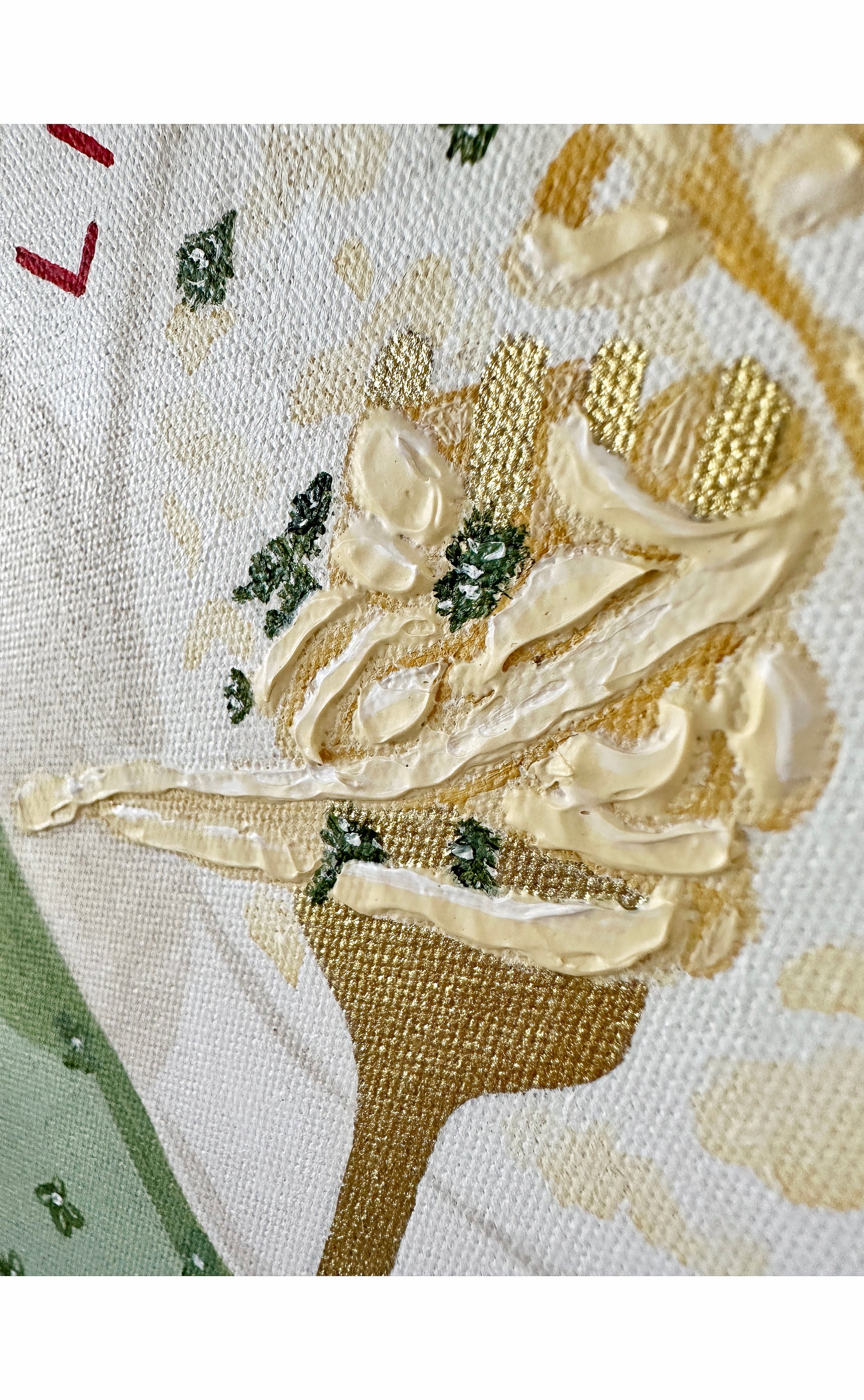 Domenica original painting by Marissa Lico. Close-up of a pasta with herbs and food patterns and gold accents