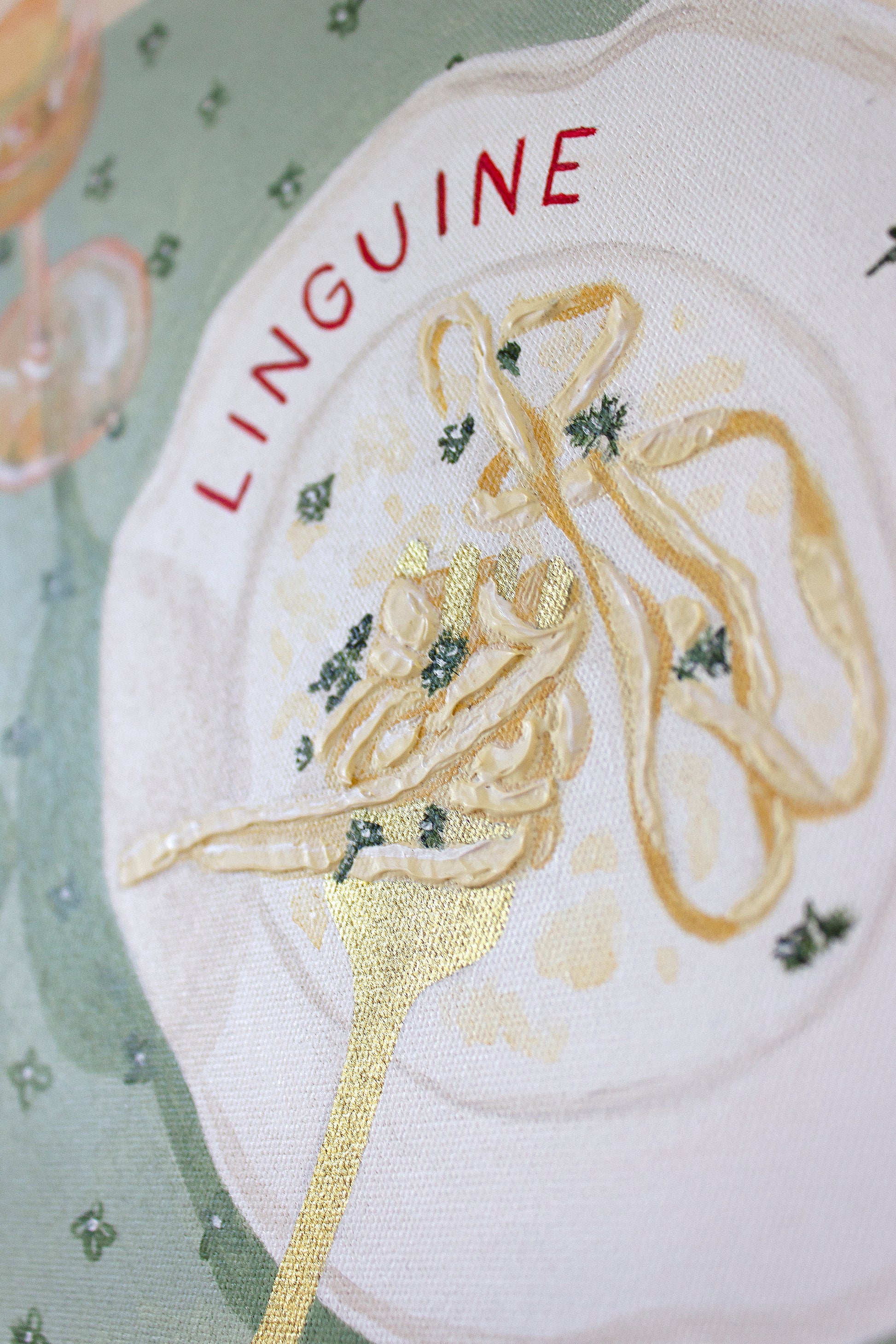 Domenica original painting by Marissa Lico. Painting design of linguine on a plate with 'LINGUINE' text on a white background.