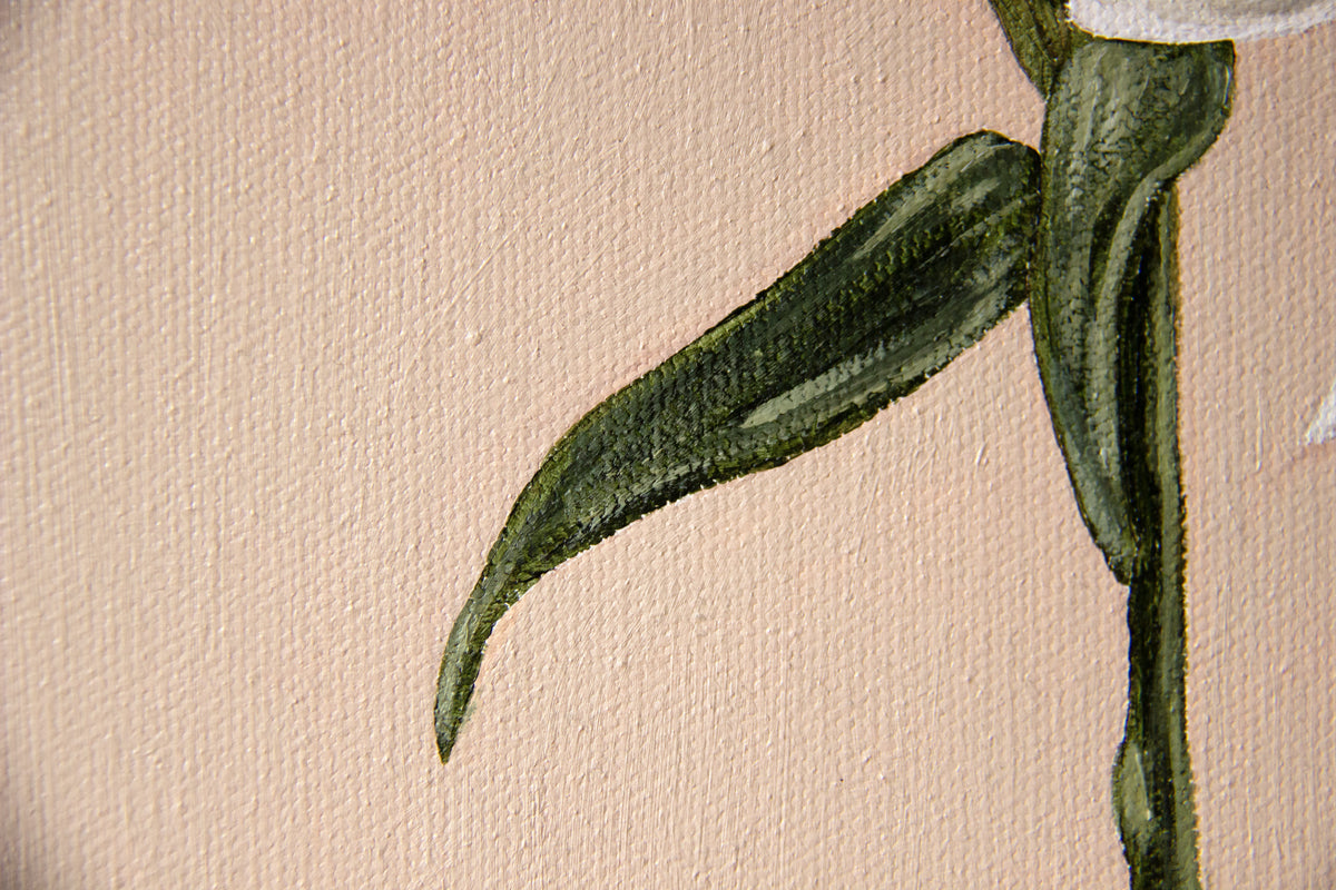 Fiori fine art print by Marissa Lico. Close-up of a green leaf on a beige background