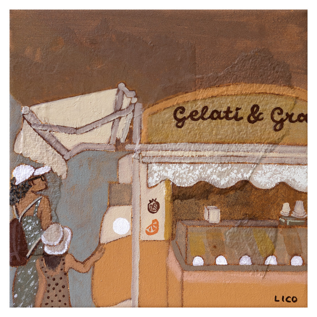 Gelateria fine art print by marissa lico, Illustration of a gelato shop with people outside, featuring a warm color palette.