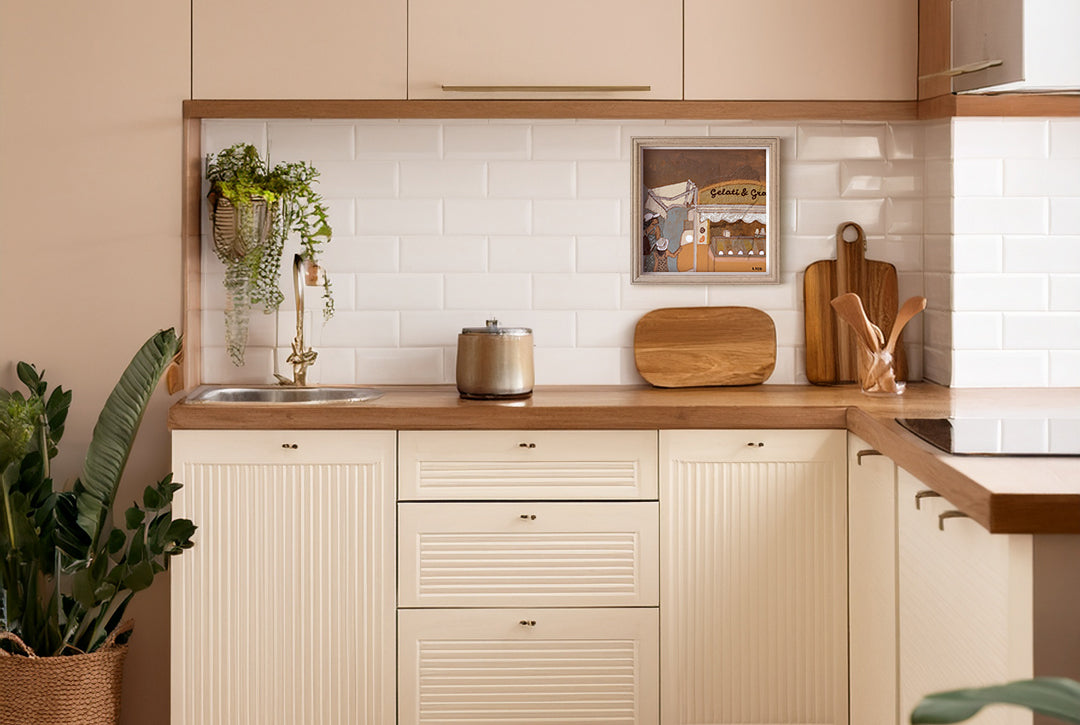 Gelateria fine art print by marissa lico. Modern kitchen with wooden countertops and white tiled walls with fine art print on the wall.