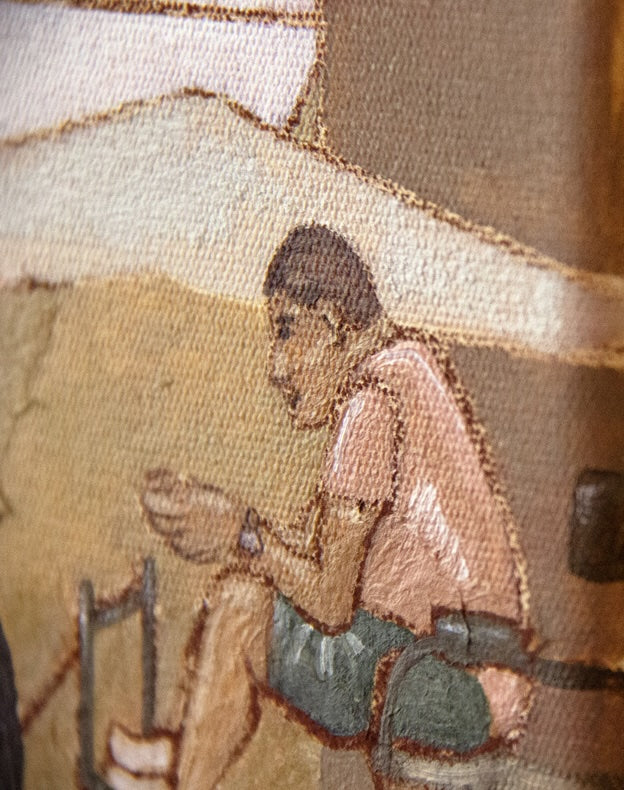 Horse Chanel wall art print by Marissa Lico. Painted scene of a person on horseback with shops in the background