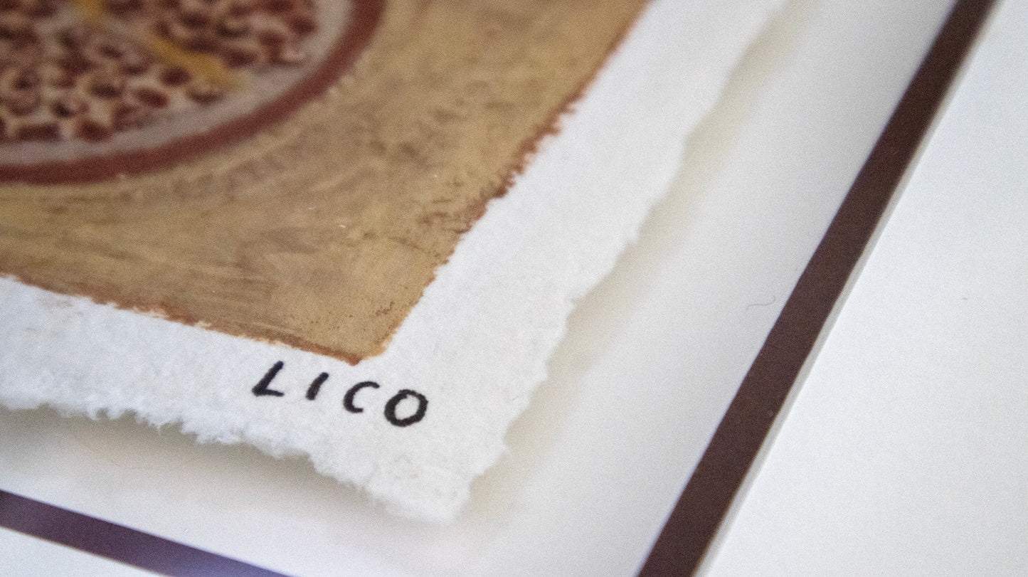Close-up of a framed art original painting featuring a textured pomegranate fruit on handmade paper, signed 'LICO' on the bottom.