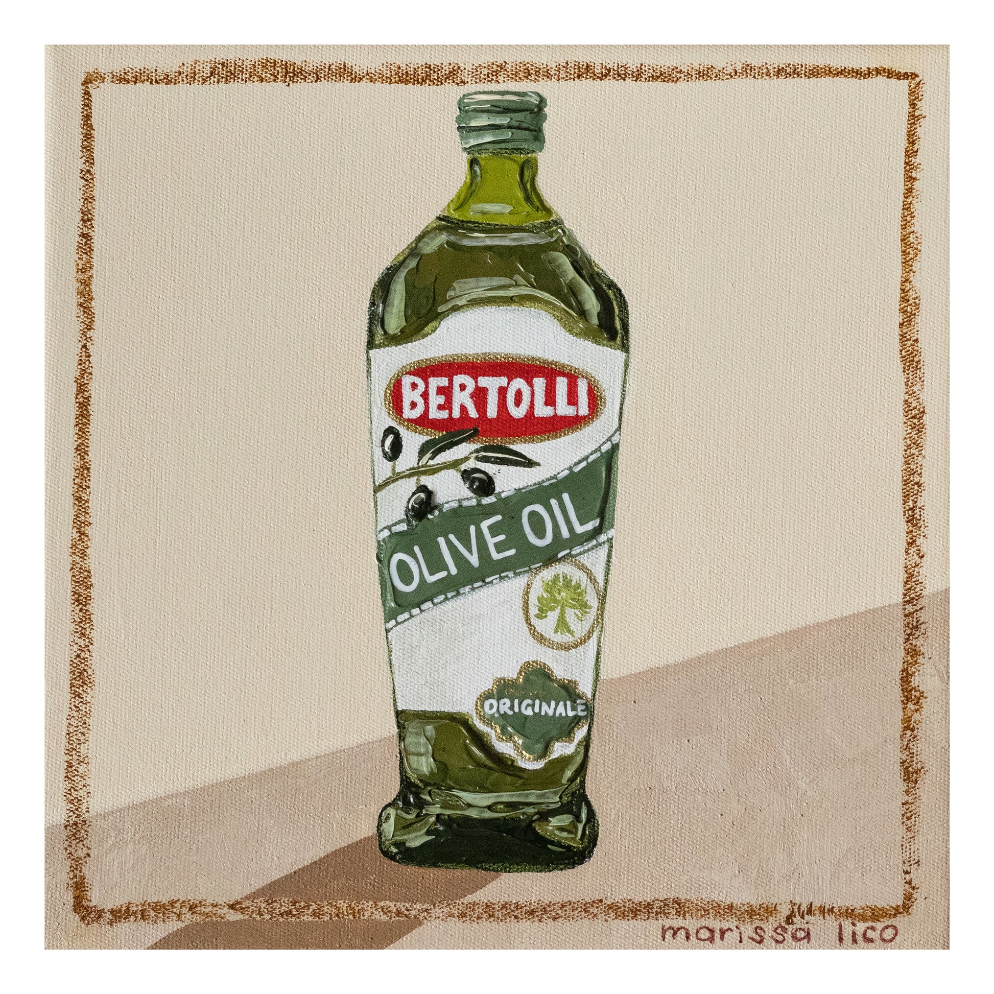 Bertolli fine art print by Marissa Lico. Painting of a Bertolli olive oil bottle on beige background.