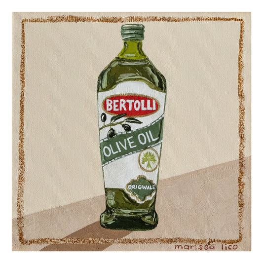 Bertolli fine art print by Marissa Lico. Painting of a Bertolli olive oil bottle on beige background.
