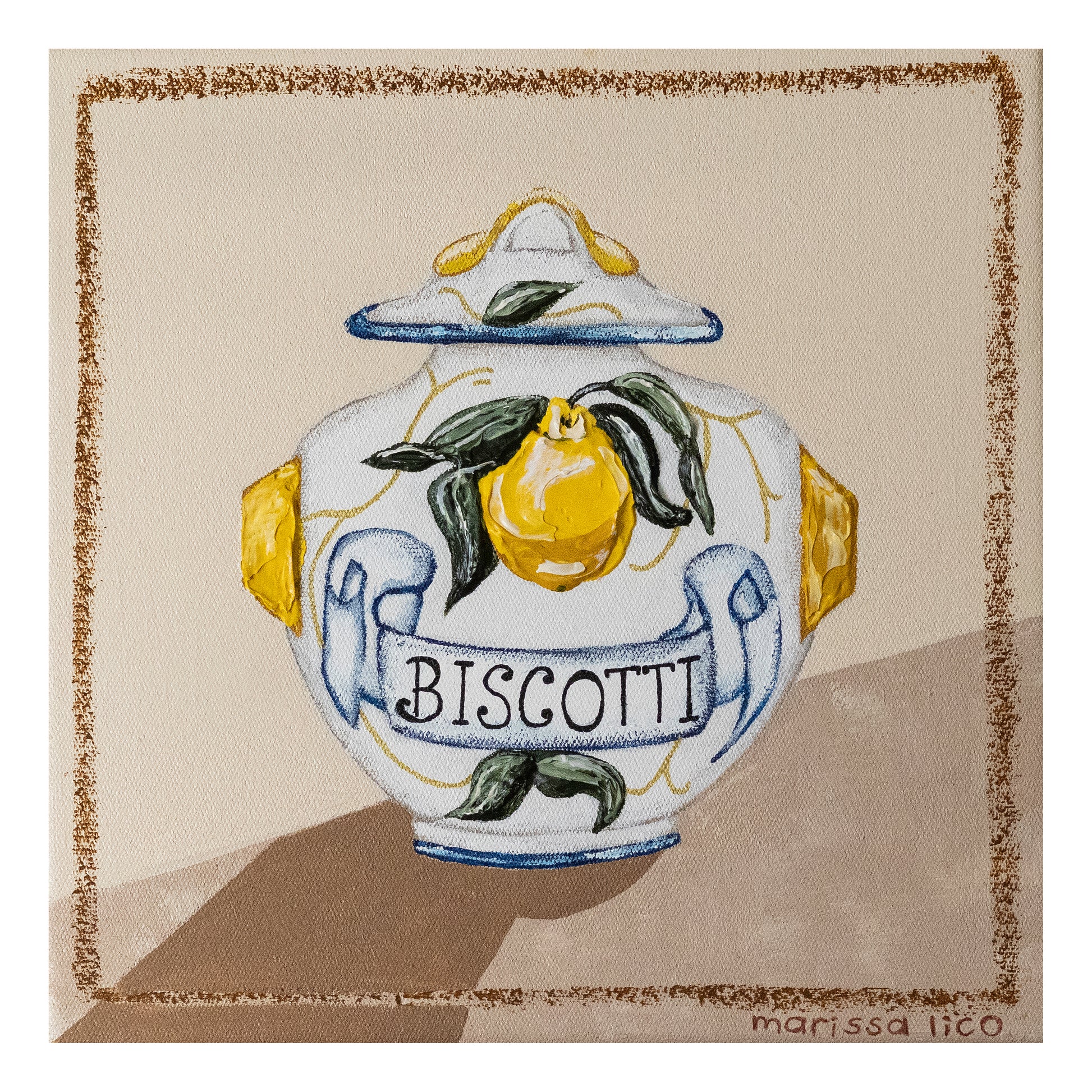 Biscotti fine art print by Marissa Lico. Decorative ceramic jar with lemon design and 'Biscotti' text on a beige background