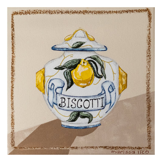 Biscotti fine art print by Marissa Lico. Decorative ceramic jar with lemon design and 'Biscotti' text on a beige background