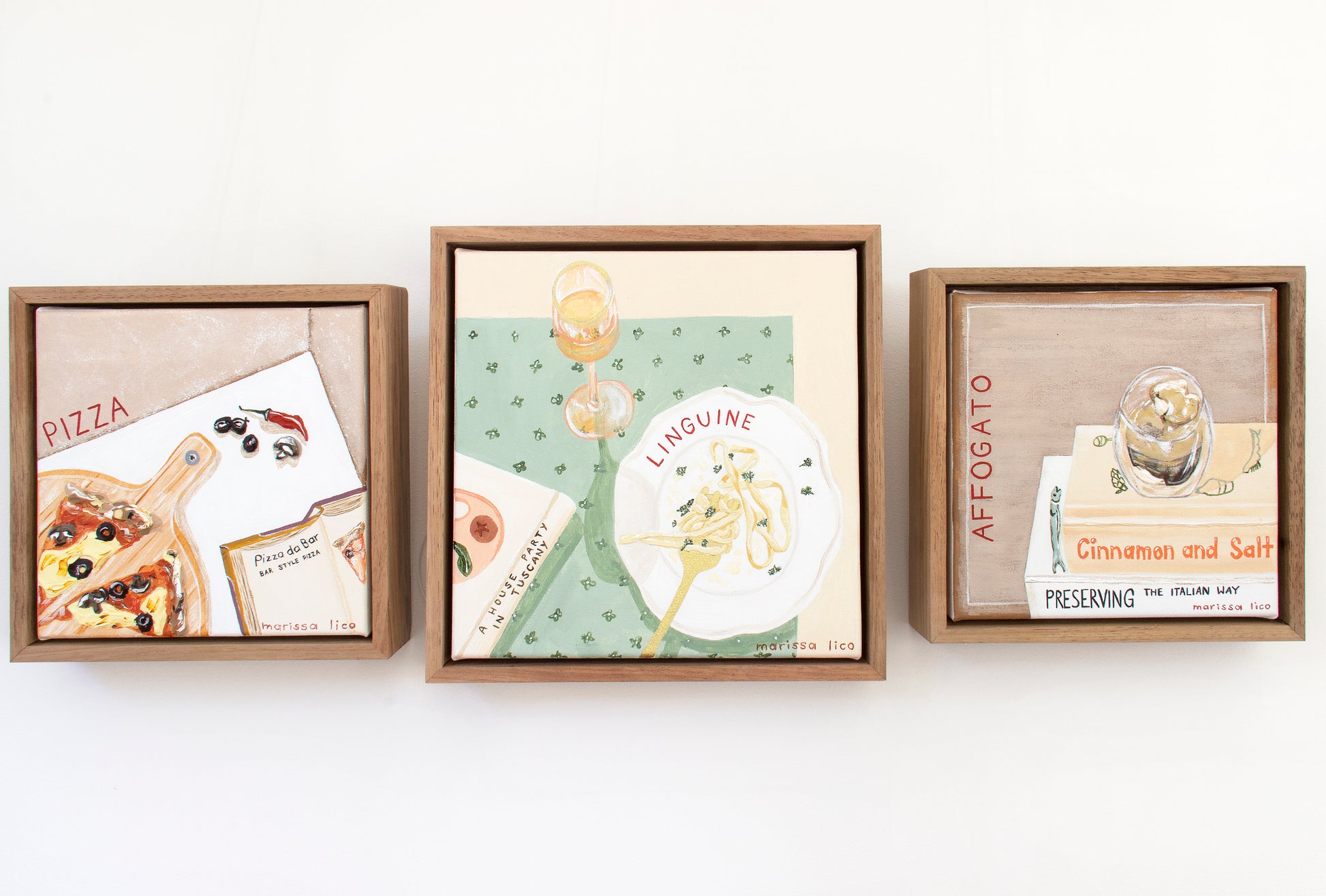 Domenica original painting by Marissa Lico. Three framed artworks, pasta pizza and affogato on a white wall, each with different Italian food paintings.