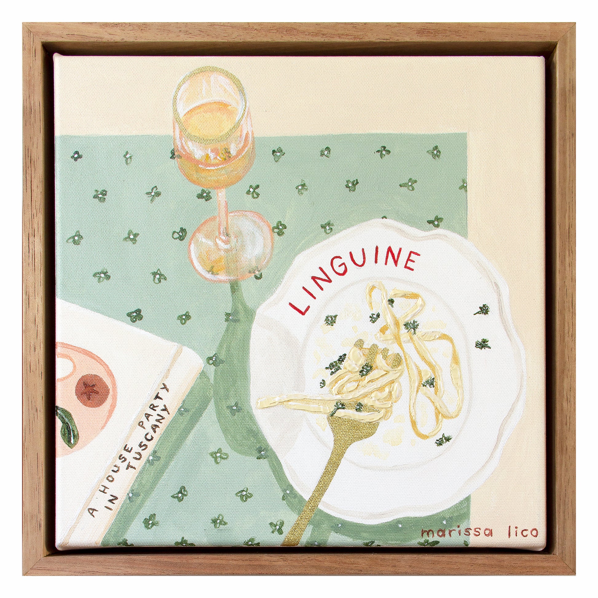 Domenica original painting by Marissa Lico. Artwork of linguine, wine and a book.