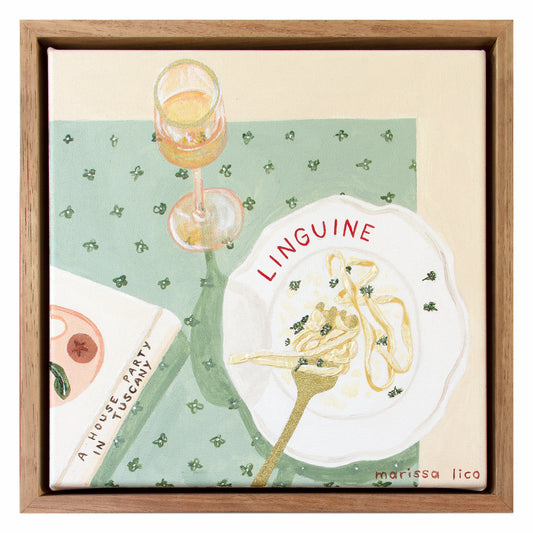 Domenica original painting by Marissa Lico. Artwork of linguine, wine and a book.