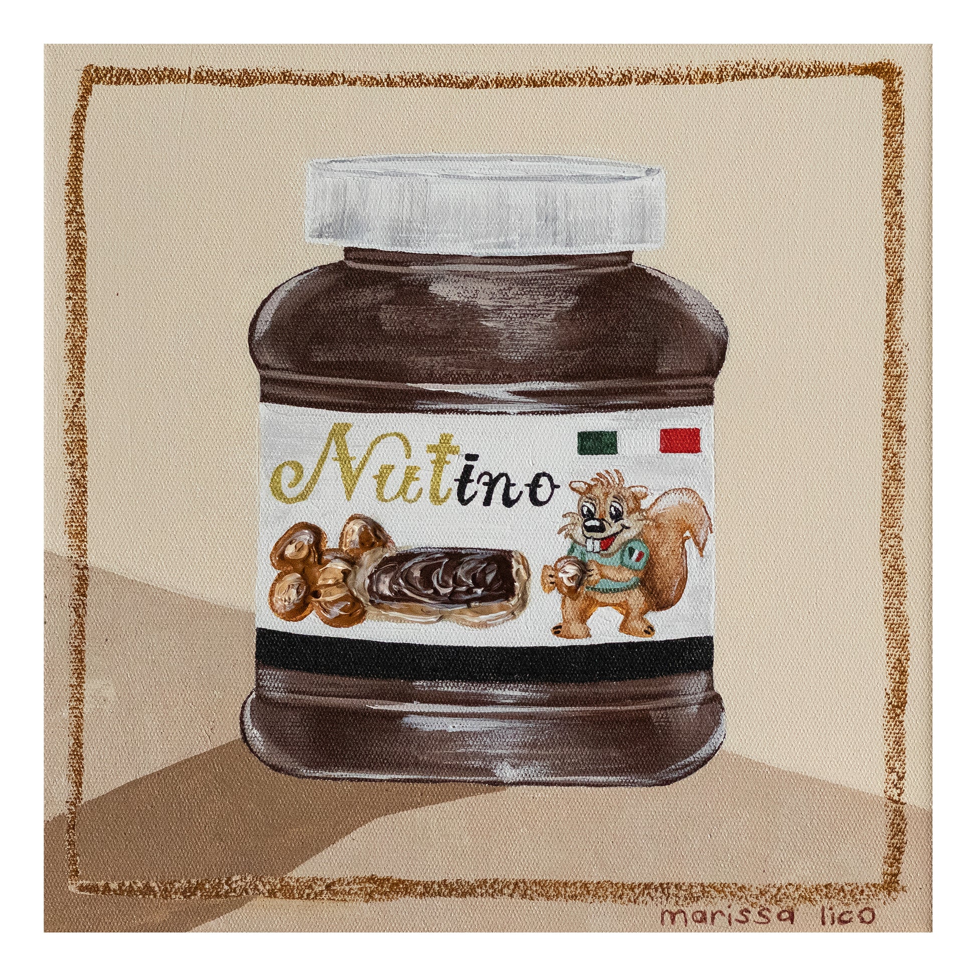 Nutino art print by Marissa Lico. Illustration of a jar labeled 'Nutino' on a beige background