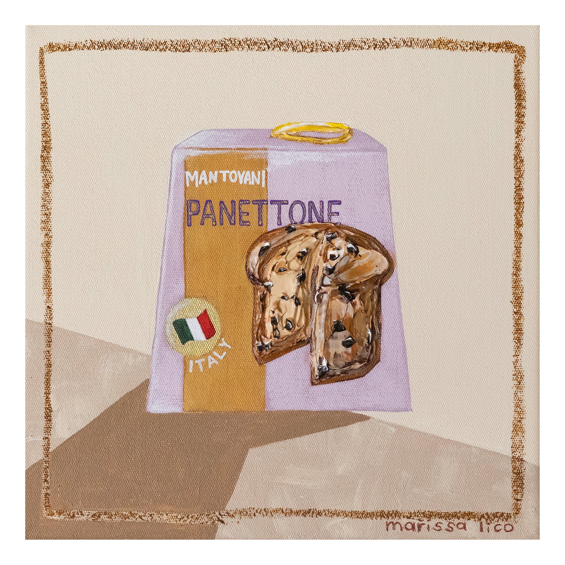 'Panettone' print by Marissa Lico. Embroidered patch of Mantovani Panettone packaging with a gold angel on a beige background.