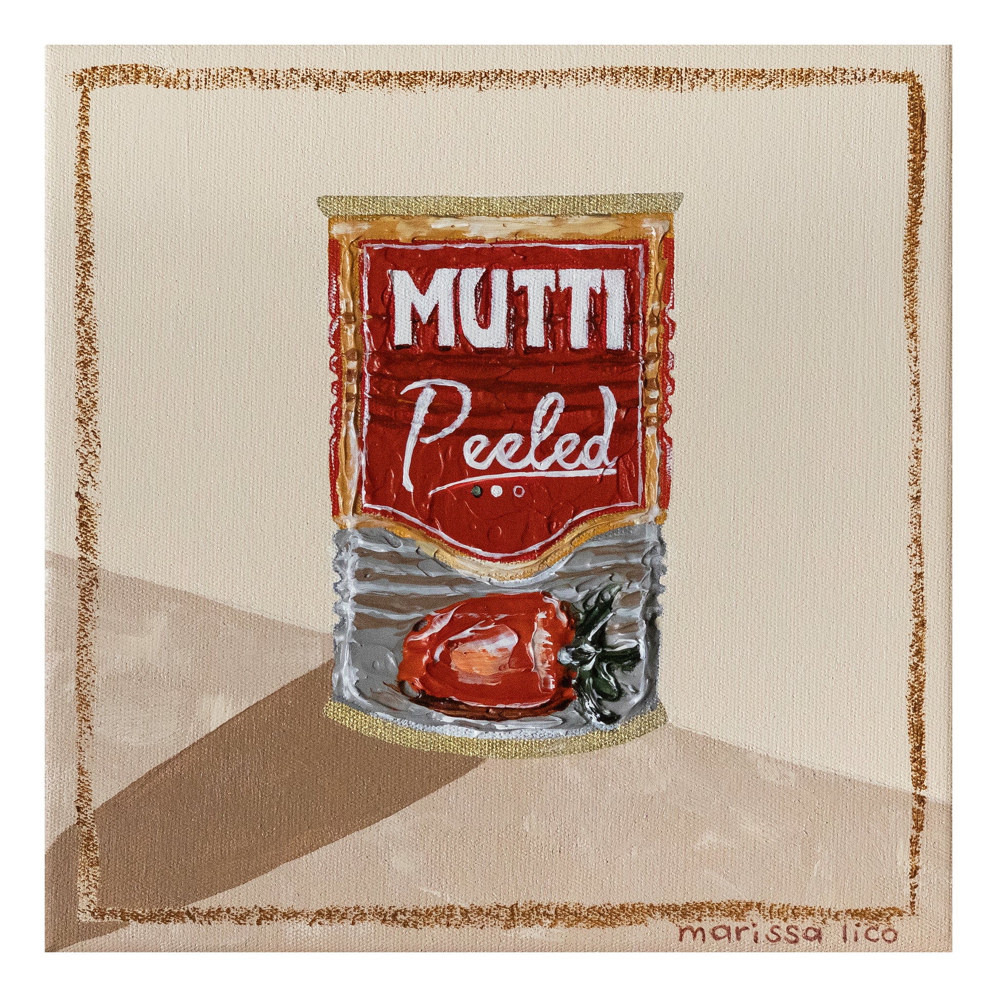 Mutti fine art print by marissa lico, Painting of a jar labeled 'Mutti Peeled' on a beige background