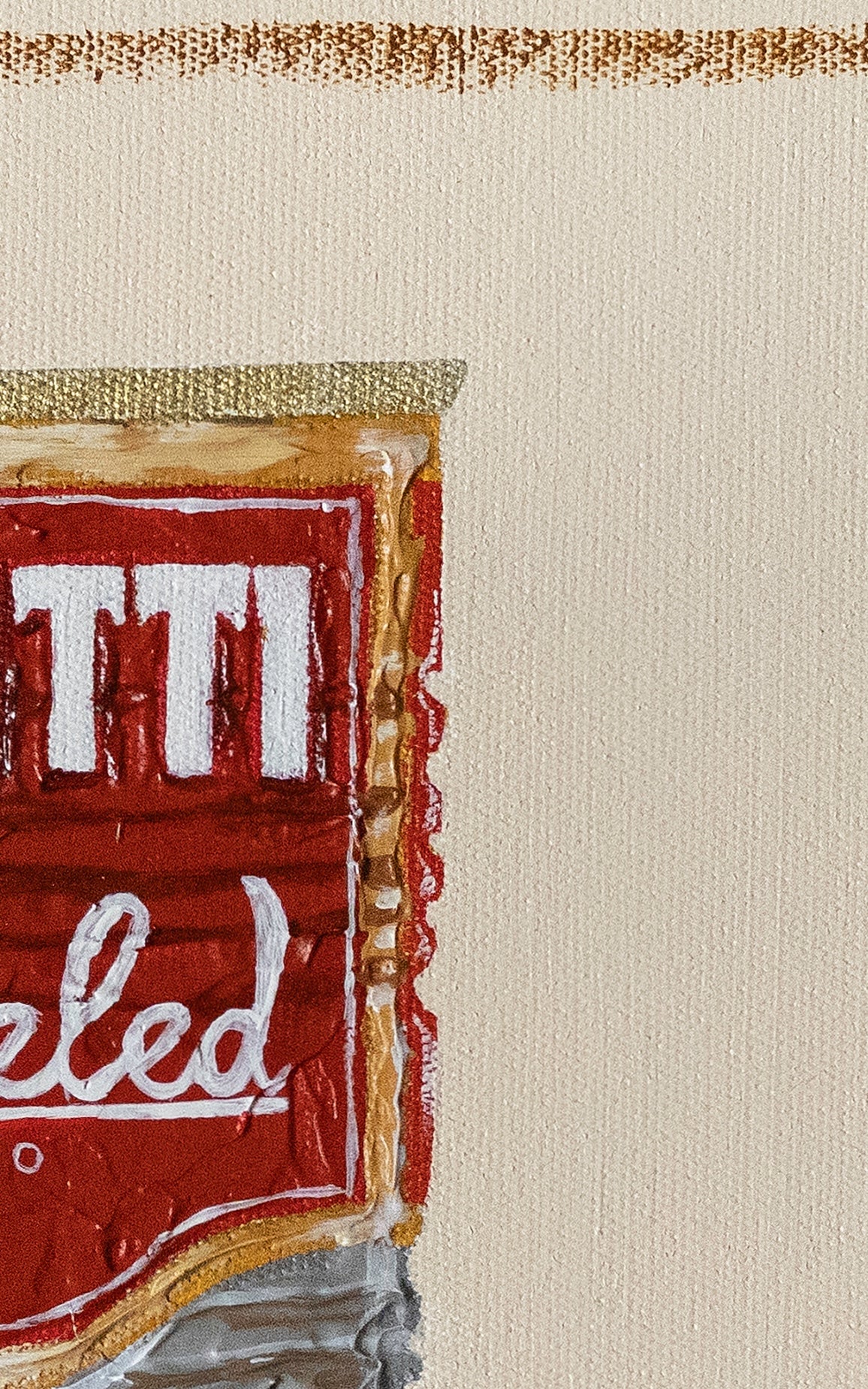 Mutti fine art print by Marissa Lico. Close-up of a red and gold product packaging with 'Mutti' branding on a beige background.