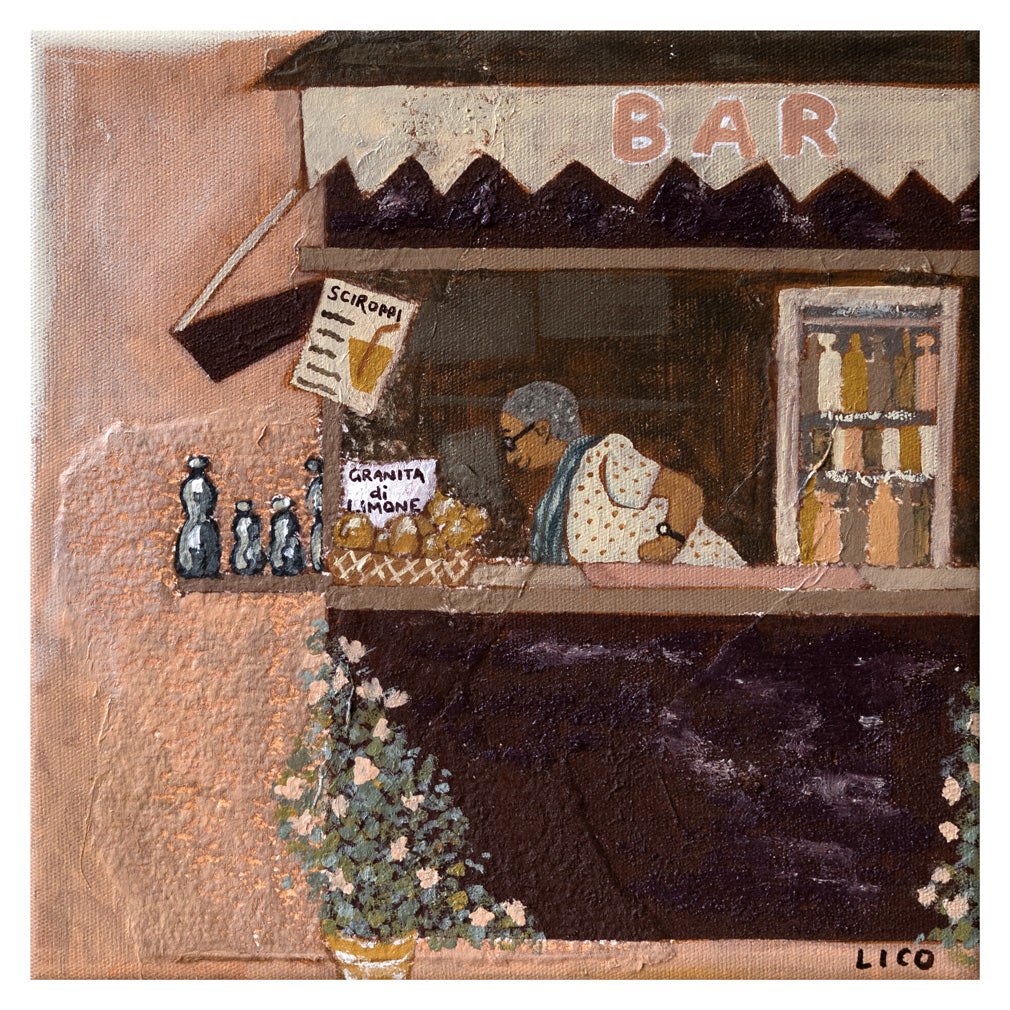 Nonna's Bar fine art print by marissa lico, Painting of a bar scene with a Nonna bartender and various food and drink items on the counter.