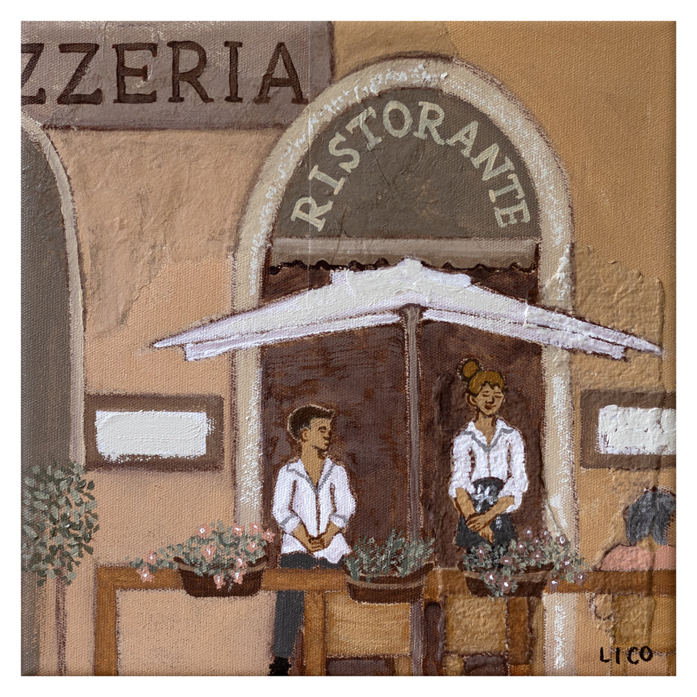 Pizzeria fine art print by marissa lico, Painting of a pizzeria or ristorante with two people standing under an umbrella.