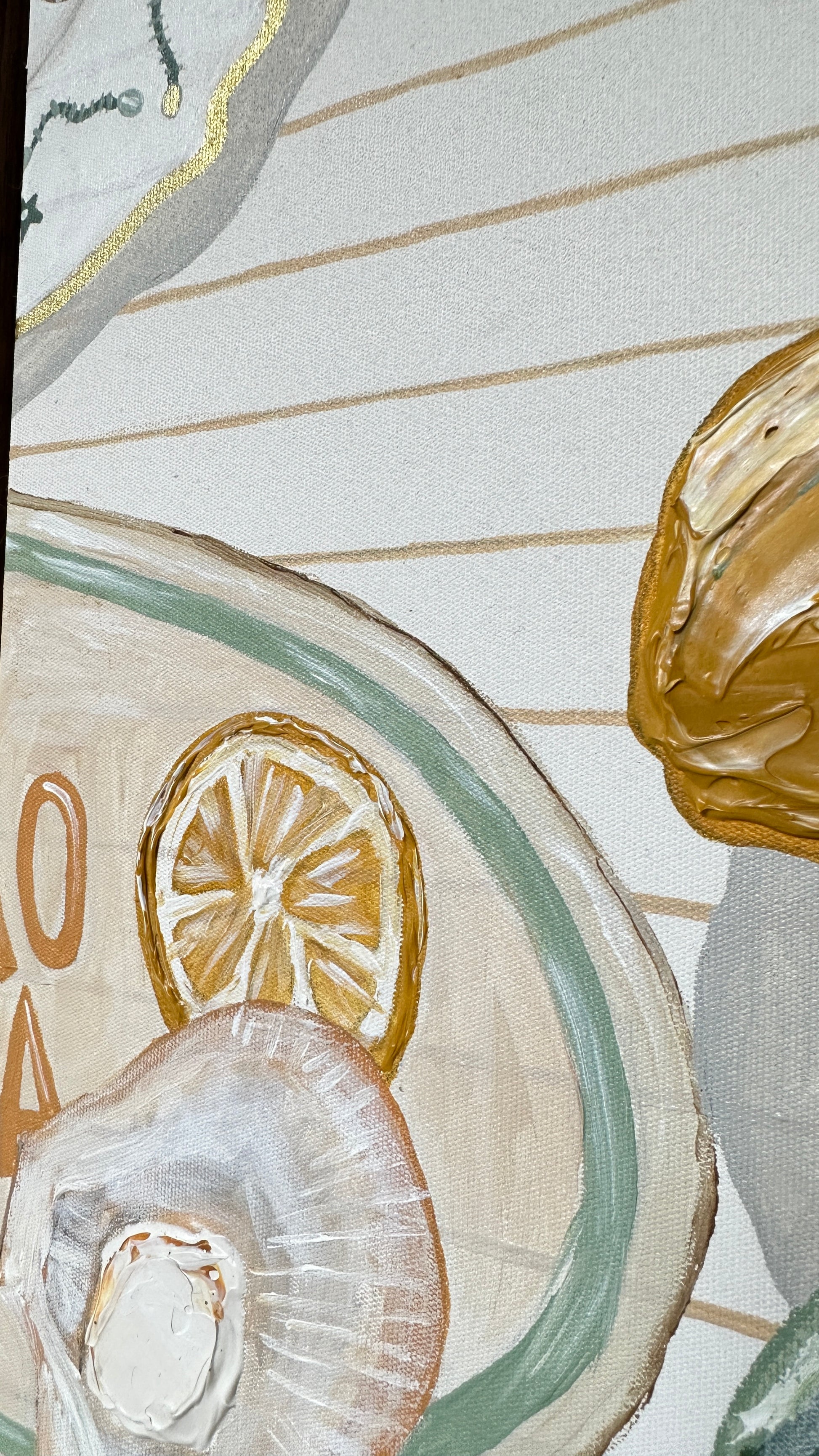 Pranzo II original painting by Marissa Lico, close up of texture lemon, seafood on Ciao Bella plate.