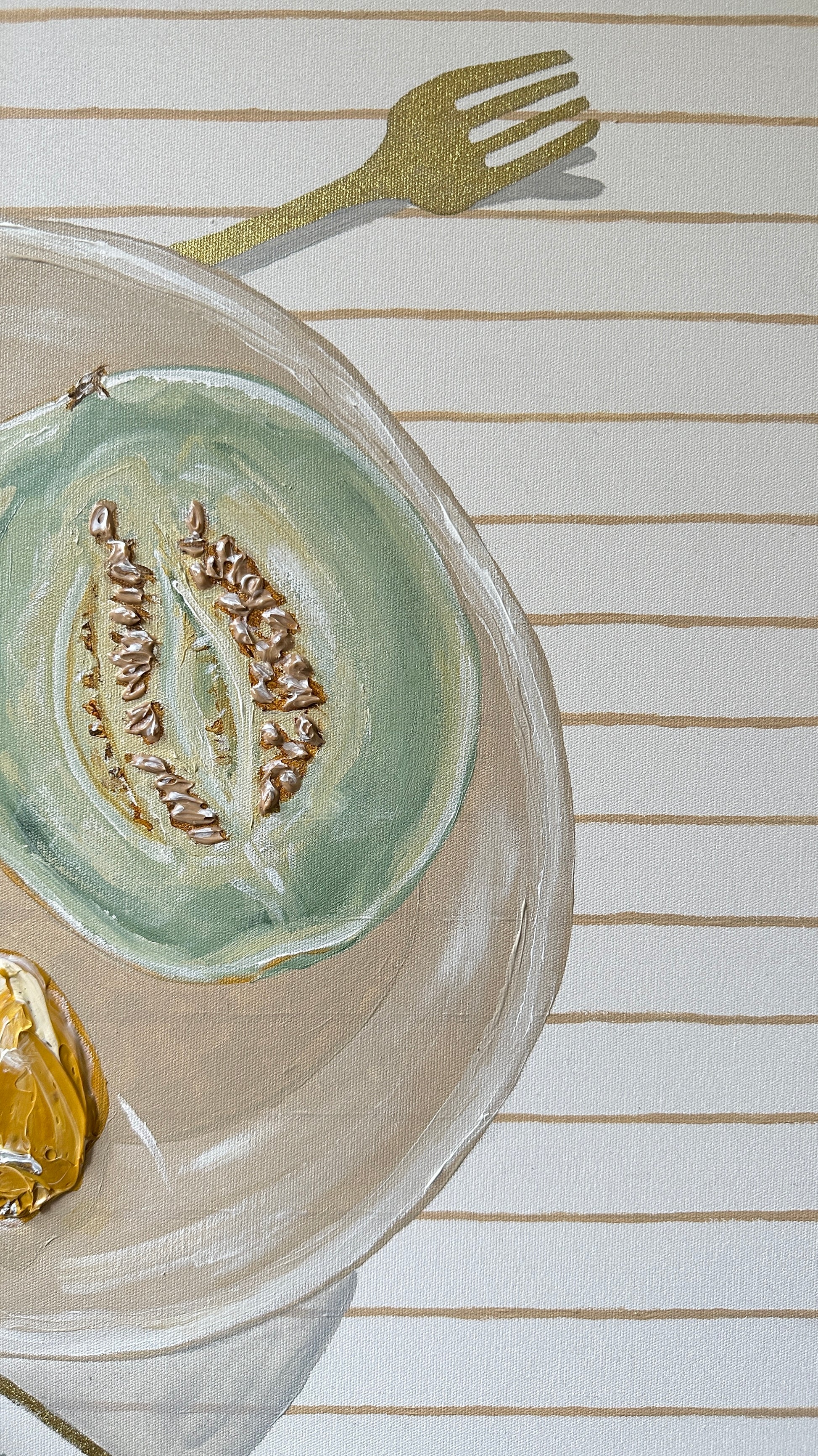 Pranzo II original painting by Marissa Lico, close up of half green melon and lemon in a bowl with gold fork on striped beige tablecloth.