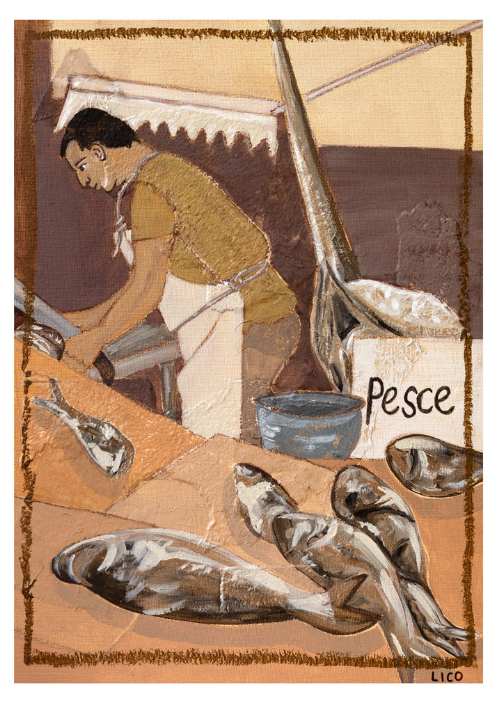 'seafood market' fine art print by marissa lico. Artistic depiction of a fishmonger with fish and 'Pesce' text on a textured background
