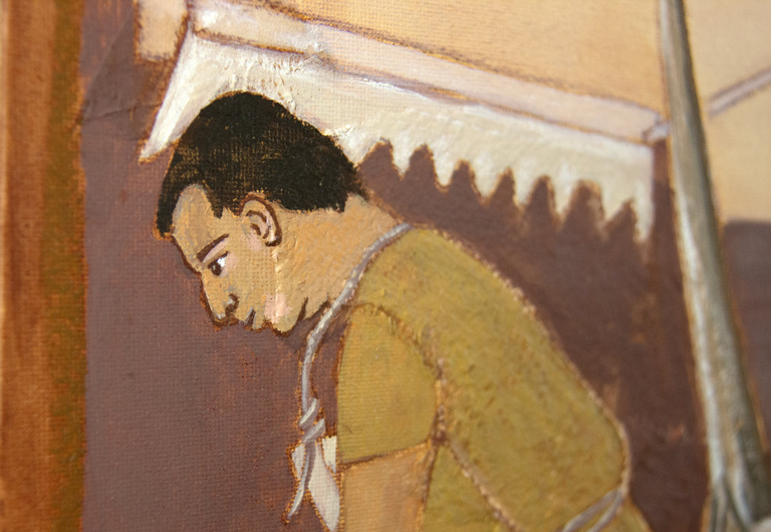 Seafood Market fine art print by Marissa lico. Artistic depiction of a fishmonger in an apron with a textured background