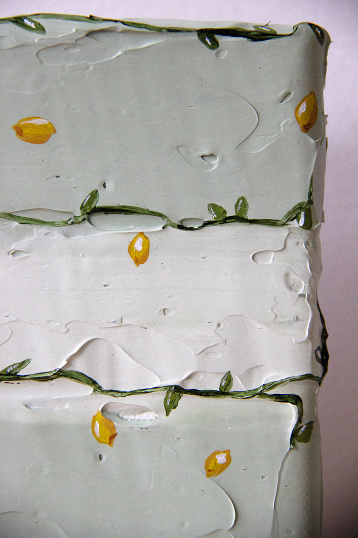 Tanto Limone original painting by Marissa Lico. Close up of lemon painted details spanning over the canvas edge.