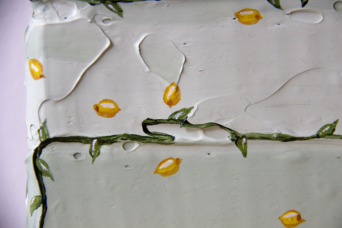 Tanto Limone original painting by Marissa Lico. Close up of lemon painted details on the textured canvas.