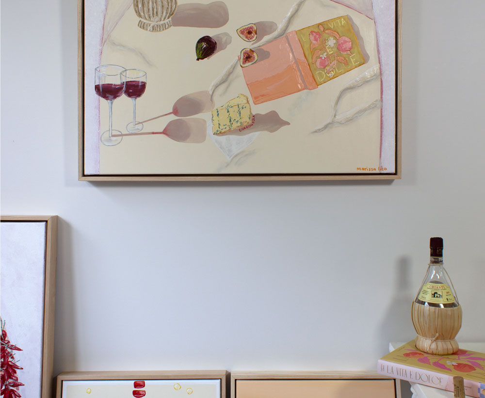 Toscana original painting by Marissa Lico. in situ with other framed Italian paintings.
