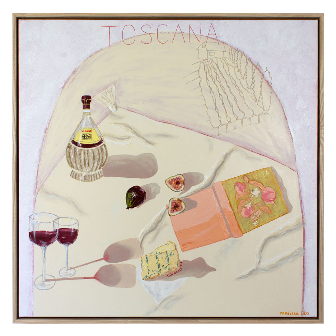 Toscana original painting by Marissa Lico. Framed artwork of a still life with wine, cheese, and figs on a Tuscan background with 'Toscana' text.