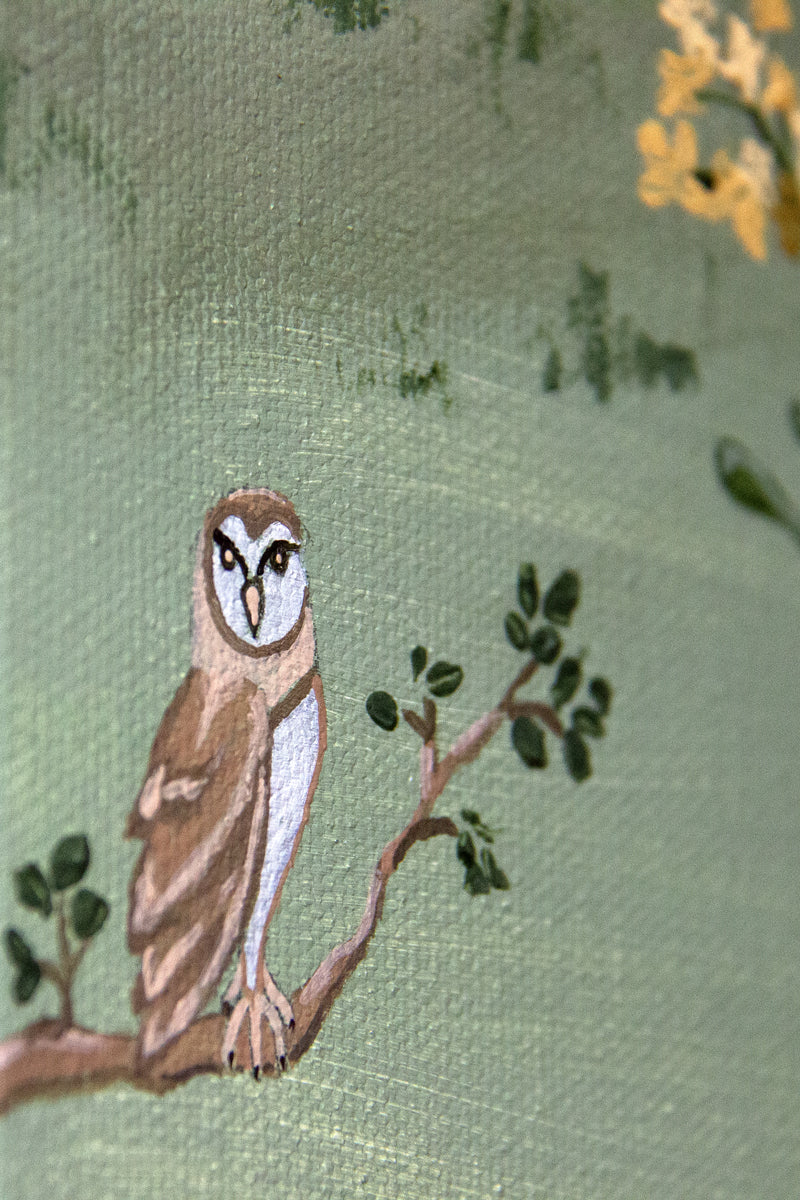 Tuscan Dream fine art print by marissa lico. Painting of an owl on a branch with leaves on a textured green background